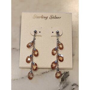 Sterling Silver Drop Earrings With Faceted Amber-Colored Crystal Beads